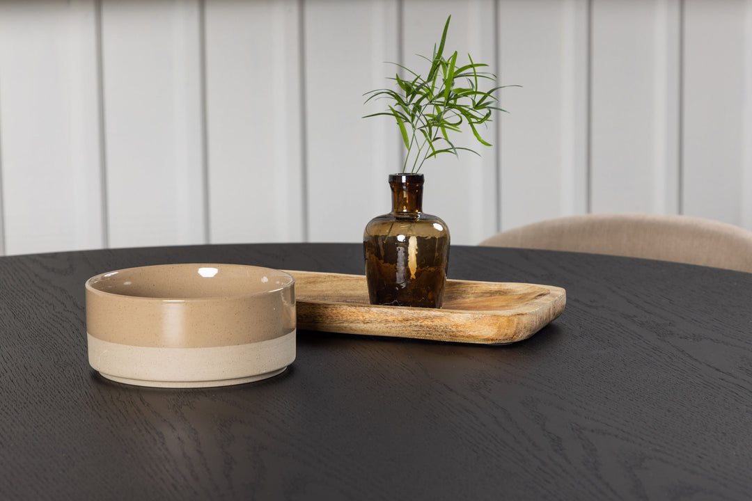 Venture Home Bootcut Round Dining Table - Black / Black Fanéer +Velvet Stitches Chair - Black / Beige Fabric (Polyester linen ) _4