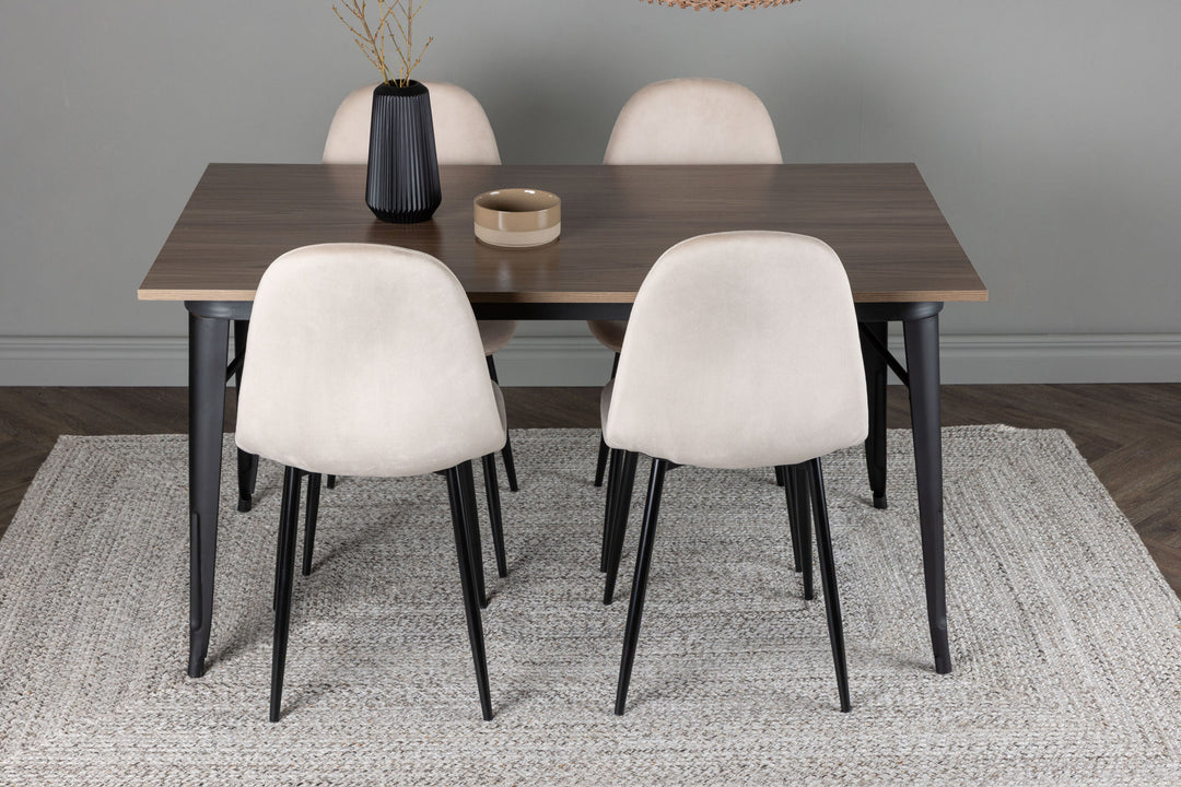 Venture Home Tempe Dining Table - Black / Walnut MDF +Polar Dining Chair - Black legs / Beige Velvet _4