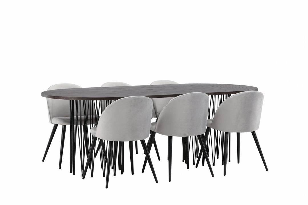 Venture Home Stone oval Dining Table - Black / Mocca Veneer +Velvet Dining Chair - Light Grey / Black _6
