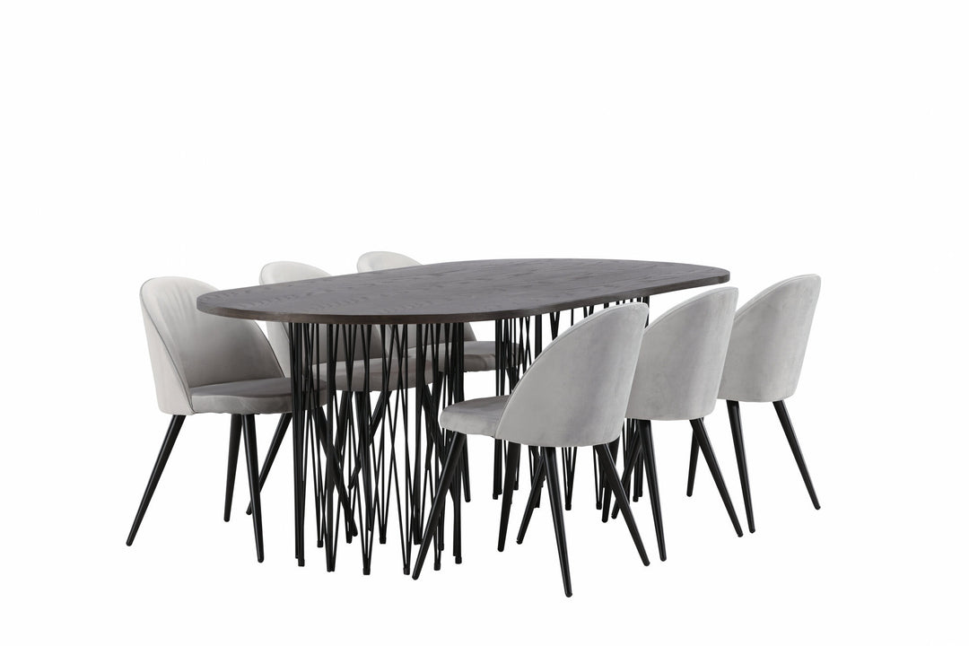 Venture Home Stone oval Dining Table - Black / Mocca Veneer +Velvet Dining Chair - Light Grey / Black _6