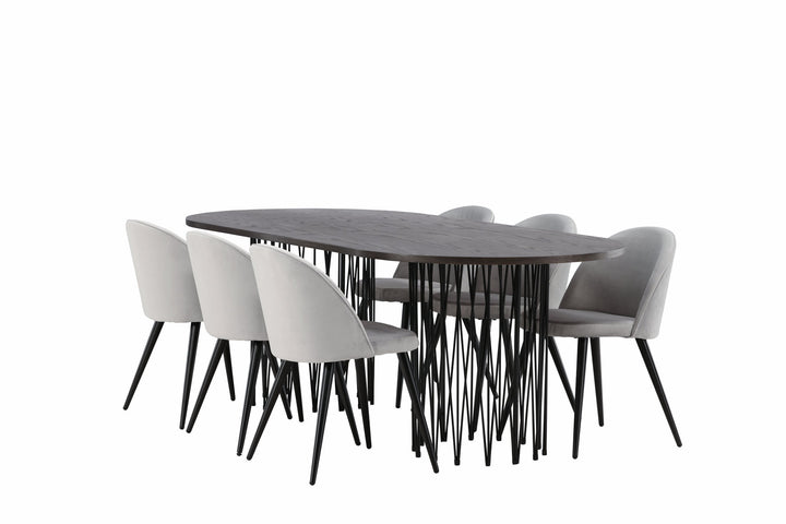 Venture Home Stone oval Dining Table - Black / Mocca Veneer +Velvet Dining Chair - Light Grey / Black _6