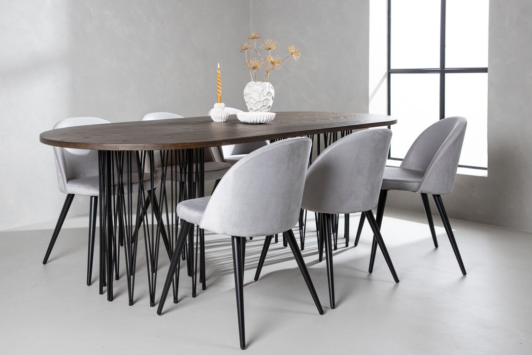 Venture Home Stone oval Dining Table - Black / Mocca Veneer +Velvet Dining Chair - Light Grey / Black _6