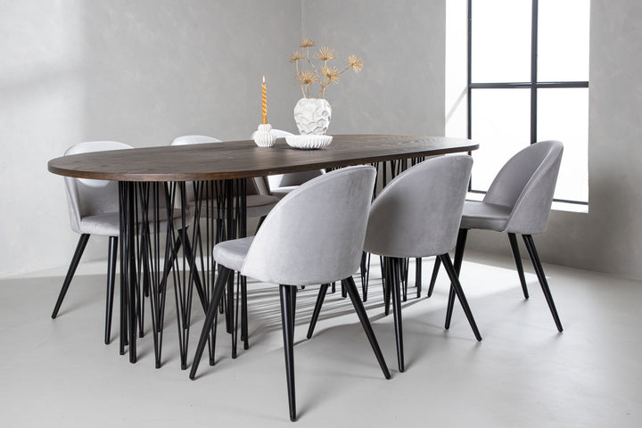 Venture Home Stone oval Dining Table - Black / Mocca Veneer +Velvet Dining Chair - Light Grey / Black _6