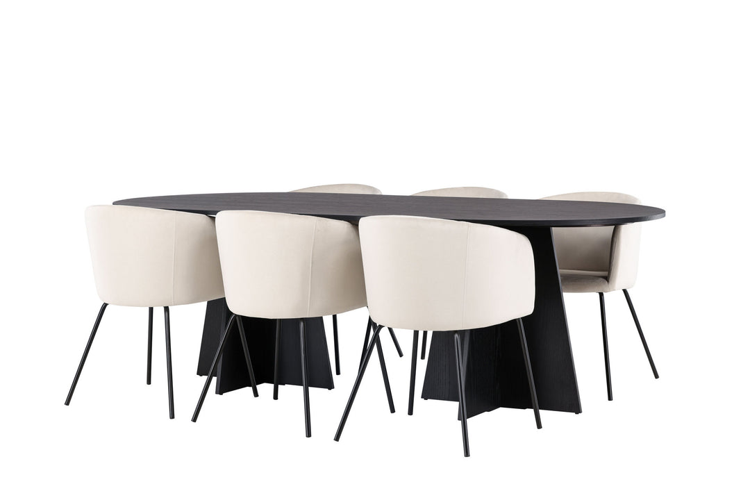 Venture Home Bootcut Oval Dining Table - Black / Black Fanéer +Berit Chair - Black / Beige Velvet _6