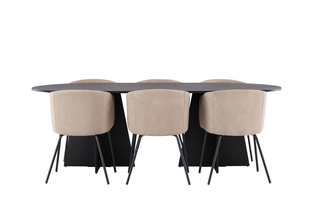 Venture Home Bootcut Oval Dining Table - Black / Black Fanéer +Berit Chair - Black / Beige Fabric (Polyester linen ) _6