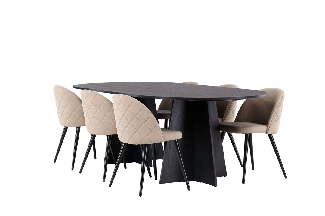 Venture Home Bootcut Oval Dining Table - Black / Black Fanéer +Velvet Stitches Chair - Black / Beige Fabric (Polyester linen ) _6