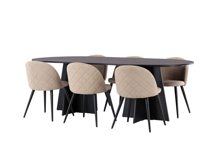 Venture Home Bootcut Oval Dining Table - Black / Black Fanéer +Velvet Stitches Chair - Black / Beige Fabric (Polyester linen ) _6
