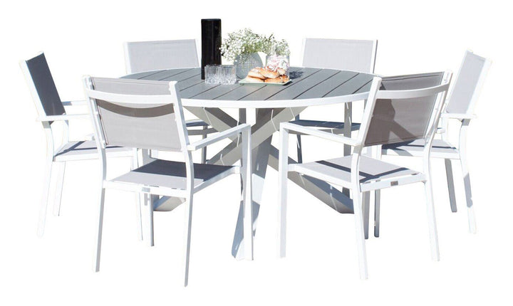 Venture Home Parma Dining Table ø140 - White Alu / Grey Aintwood+Copacabana Arm Chair (stacka