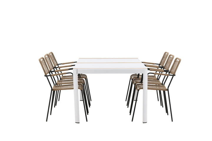 Venture Home Togo - Dining Table- White / Teak - Allu / Teak - 200*100 _1+ Lindos - Armchair - Black Alu / Latte Rope _6