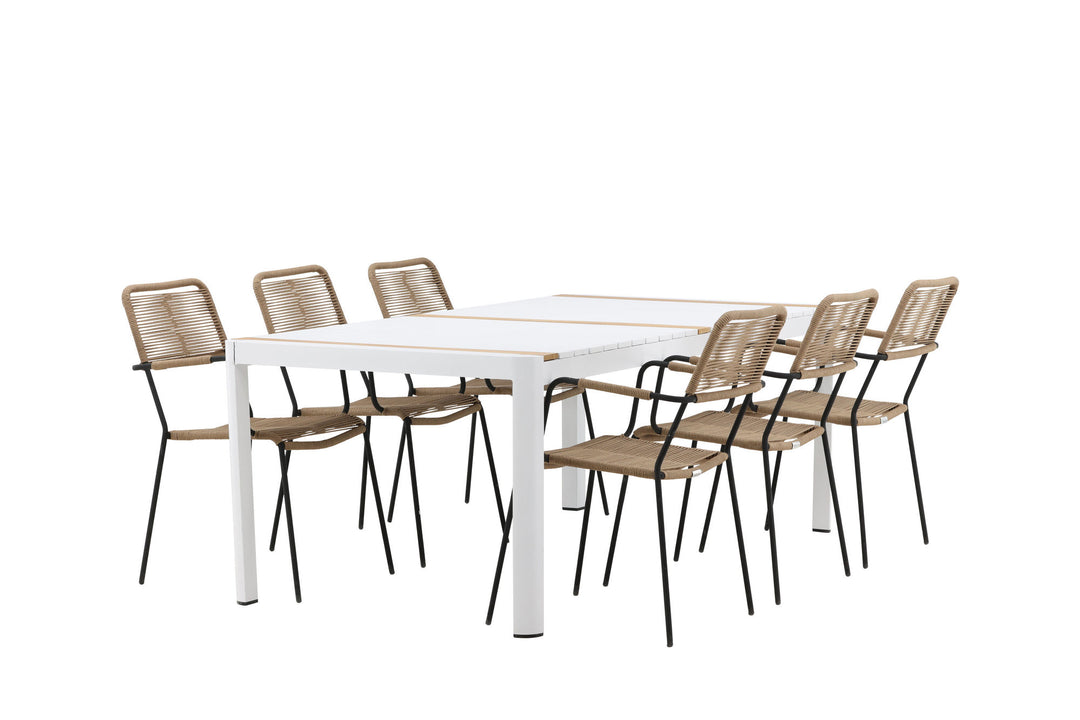 Venture Home Togo - Dining Table- White / Teak - Allu / Teak - 200*100 _1+ Lindos - Armchair - Black Alu / Latte Rope _6