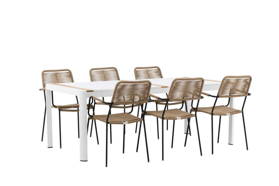 Venture Home Togo - Dining Table- White / Teak - Allu / Teak - 200*100 _1+ Lindos - Armchair - Black Alu / Latte Rope _6
