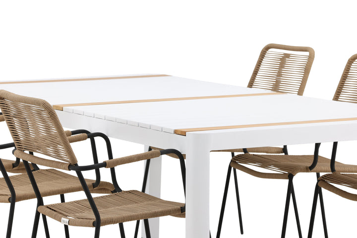 Venture Home Togo - Dining Table- White / Teak - Allu / Teak - 200*100 _1+ Lindos - Armchair - Black Alu / Latte Rope _6