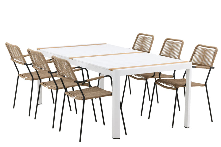 Venture Home Togo - Dining Table- White / Teak - Allu / Teak - 200*100 _1+ Lindos - Armchair - Black Alu / Latte Rope _6