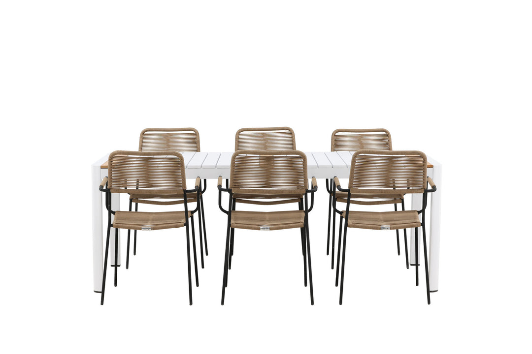Venture Home Togo - Dining Table- White / Teak - Allu / Teak - 200*100 _1+ Lindos - Armchair - Black Alu / Latte Rope _6