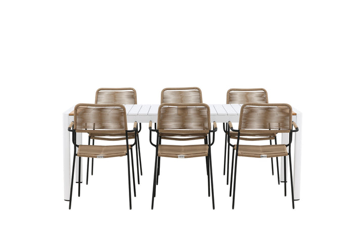 Venture Home Togo - Dining Table- White / Teak - Allu / Teak - 200*100 _1+ Lindos - Armchair - Black Alu / Latte Rope _6