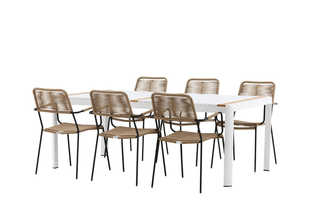 Venture Home Togo - Dining Table- White / Teak - Allu / Teak - 200*100 _1+ Lindos - Armchair - Black Alu / Latte Rope _6