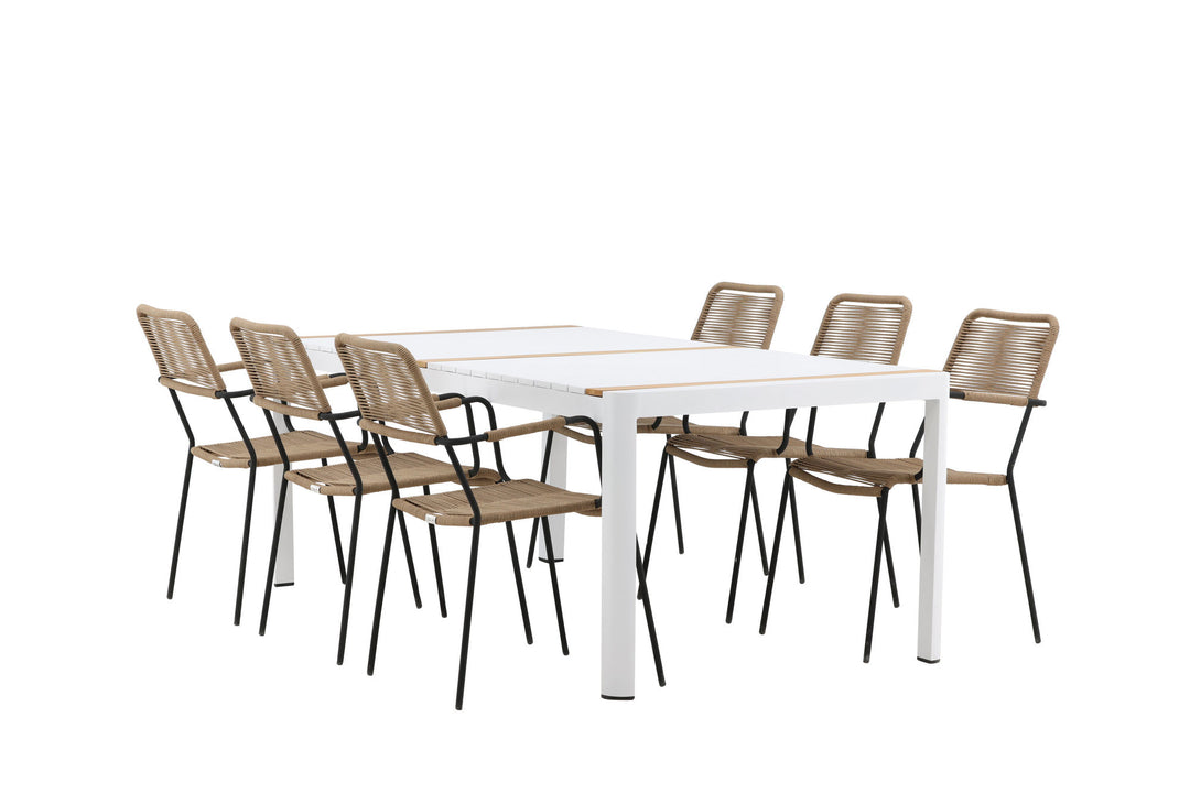 Venture Home Togo - Dining Table- White / Teak - Allu / Teak - 200*100 _1+ Lindos - Armchair - Black Alu / Latte Rope _6