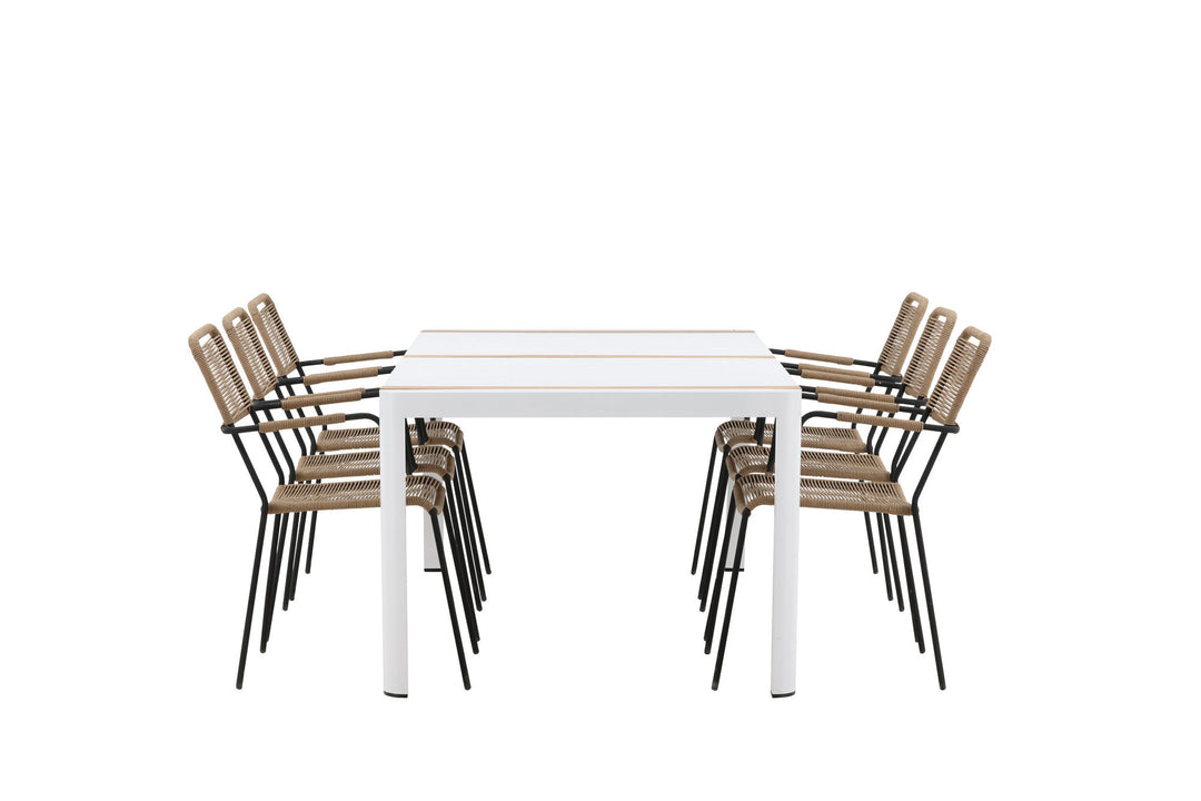Venture Home Togo - Dining Table- White / Teak - Allu / Teak - 200*100 _1+ Lindos - Armchair - Black Alu / Latte Rope _6