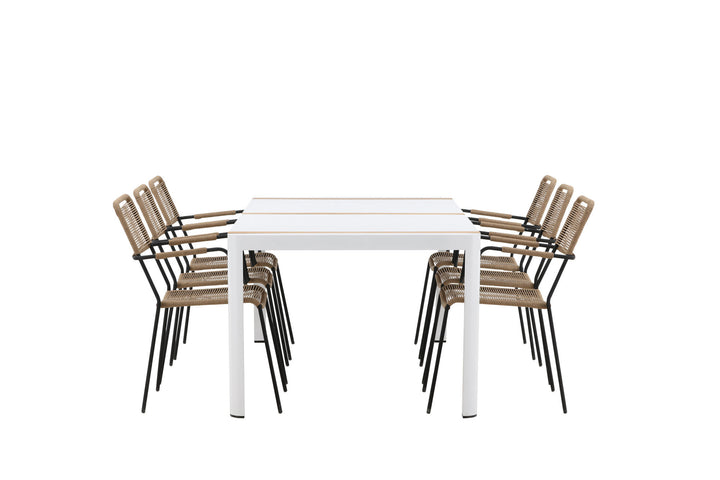 Venture Home Togo - Dining Table- White / Teak - Allu / Teak - 200*100 _1+ Lindos - Armchair - Black Alu / Latte Rope _6