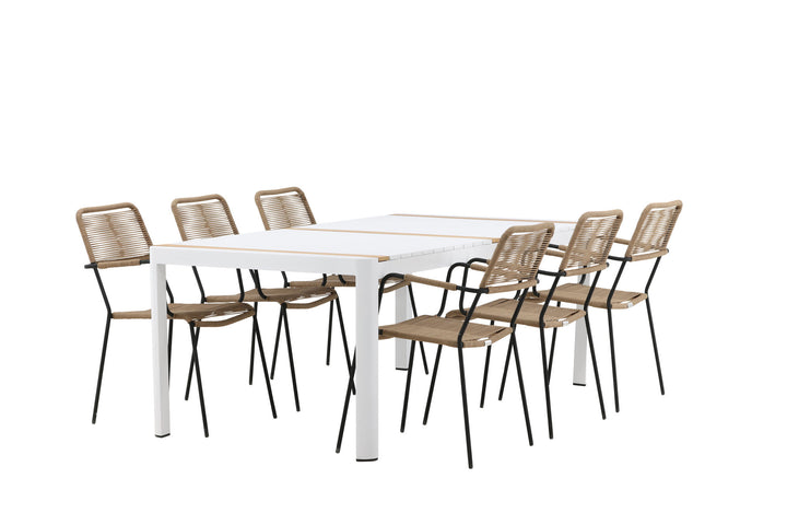 Venture Home Togo - Dining Table- White / Teak - Allu / Teak - 200*100 _1+ Lindos - Armchair - Black Alu / Latte Rope _6