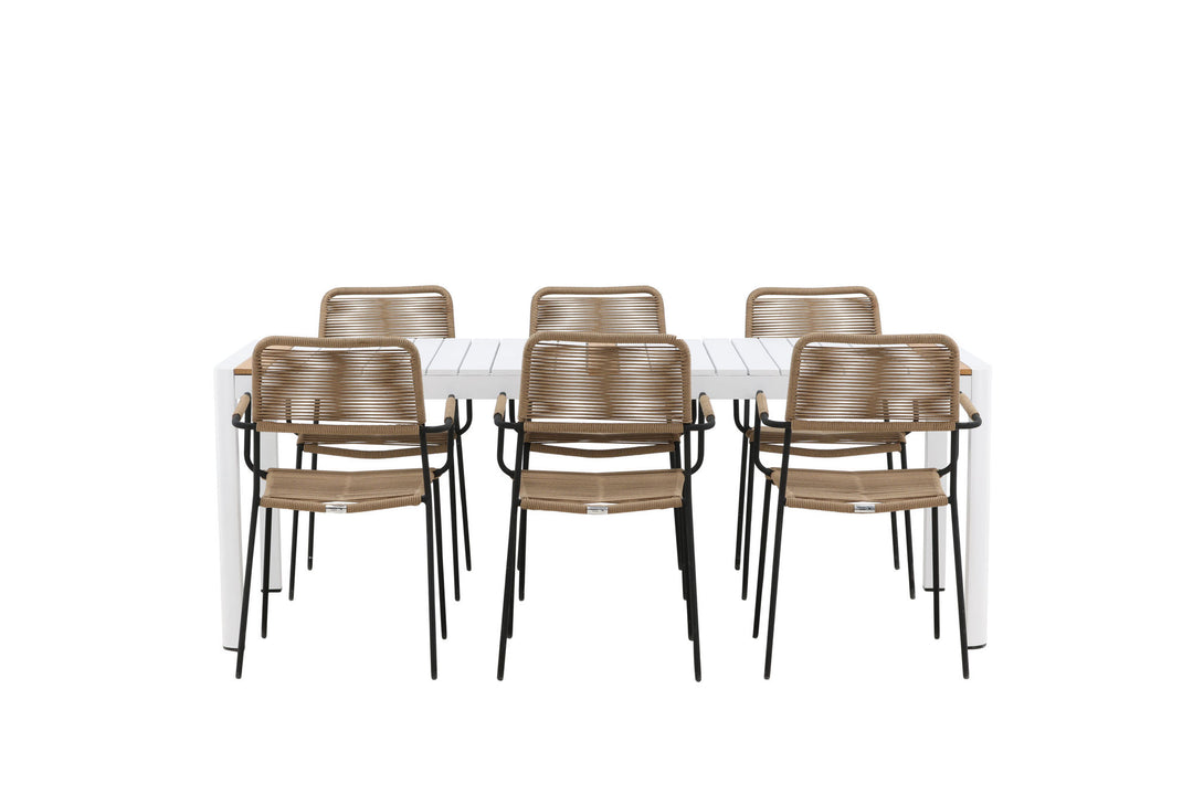 Venture Home Togo - Dining Table- White / Teak - Allu / Teak - 200*100 _1+ Lindos - Armchair - Black Alu / Latte Rope _6