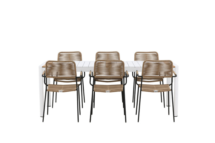Venture Home Togo - Dining Table- White / Teak - Allu / Teak - 200*100 _1+ Lindos - Armchair - Black Alu / Latte Rope _6