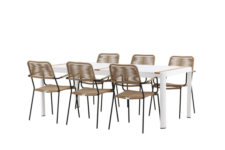 Venture Home Togo - Dining Table- White / Teak - Allu / Teak - 200*100 _1+ Lindos - Armchair - Black Alu / Latte Rope _6