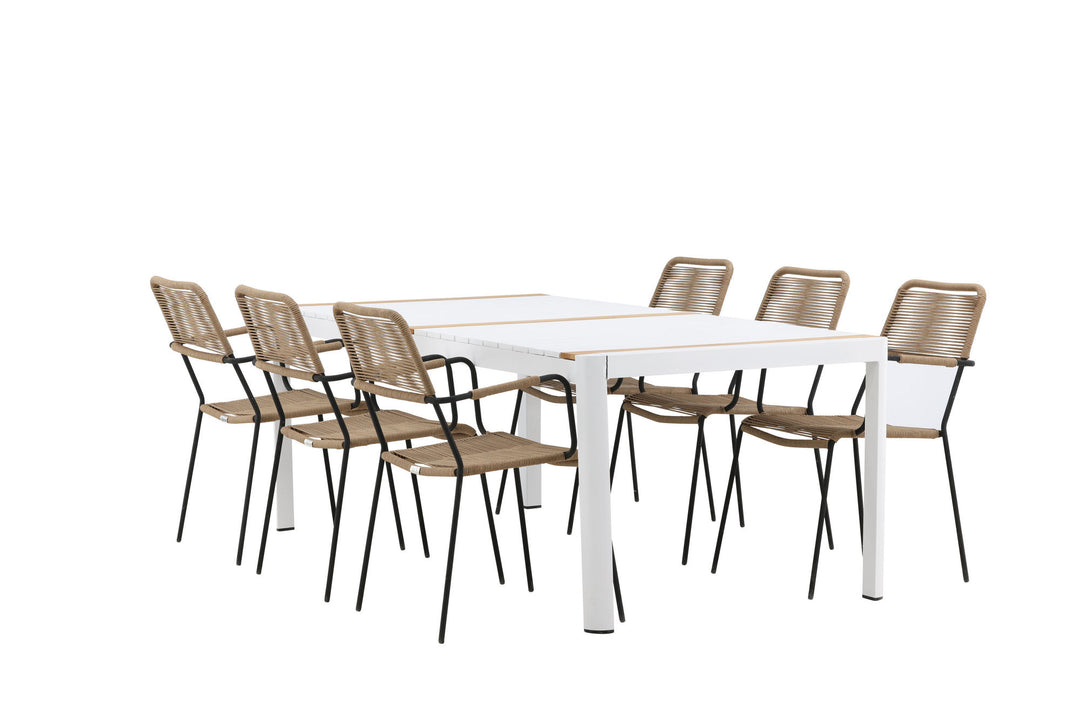 Venture Home Togo - Dining Table- White / Teak - Allu / Teak - 200*100 _1+ Lindos - Armchair - Black Alu / Latte Rope _6