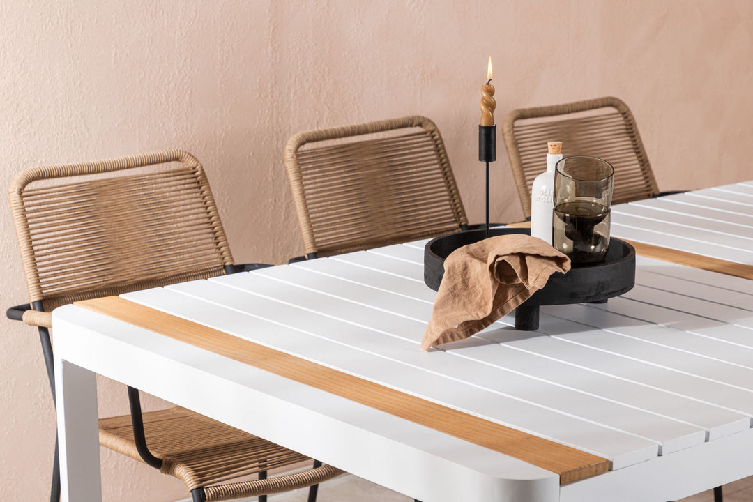 Venture Home Togo - Dining Table- White / Teak - Allu / Teak - 200*100 _1+ Lindos - Armchair - Black Alu / Latte Rope _6