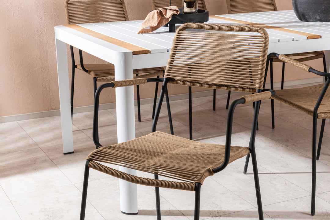 Venture Home Togo - Dining Table- White / Teak - Allu / Teak - 200*100 _1+ Lindos - Armchair - Black Alu / Latte Rope _6