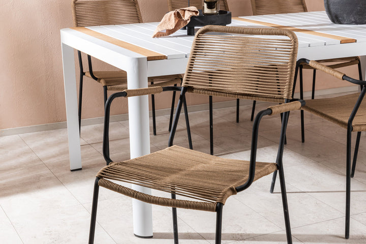 Venture Home Togo - Dining Table- White / Teak - Allu / Teak - 200*100 _1+ Lindos - Armchair - Black Alu / Latte Rope _6