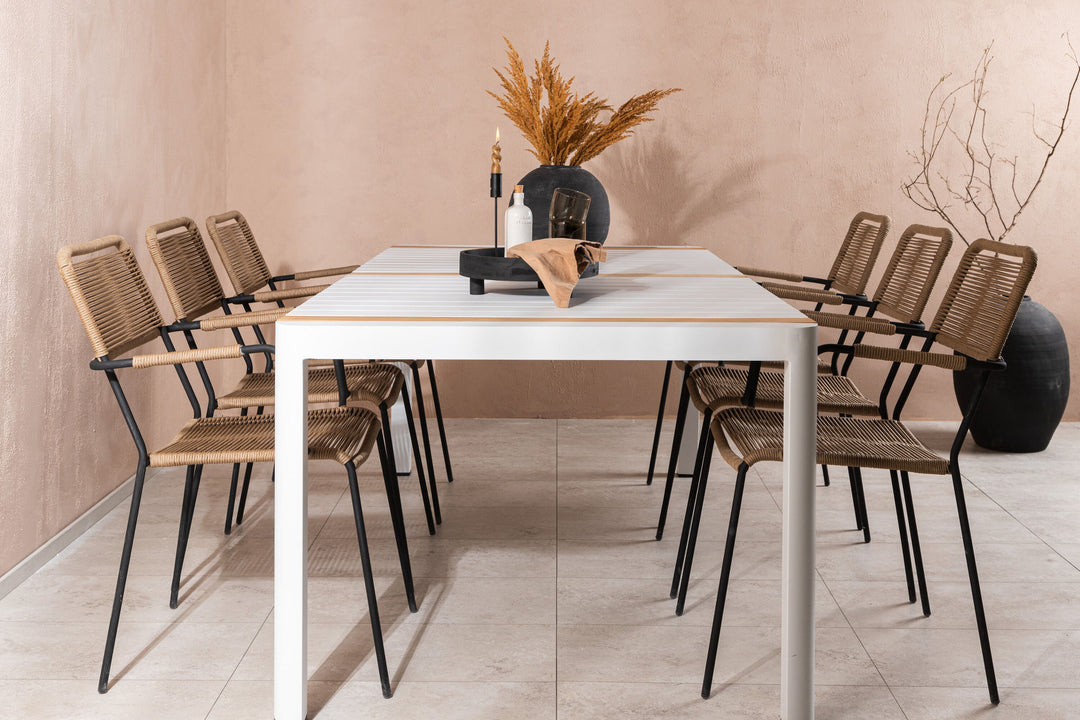 Venture Home Togo - Dining Table- White / Teak - Allu / Teak - 200*100 _1+ Lindos - Armchair - Black Alu / Latte Rope _6