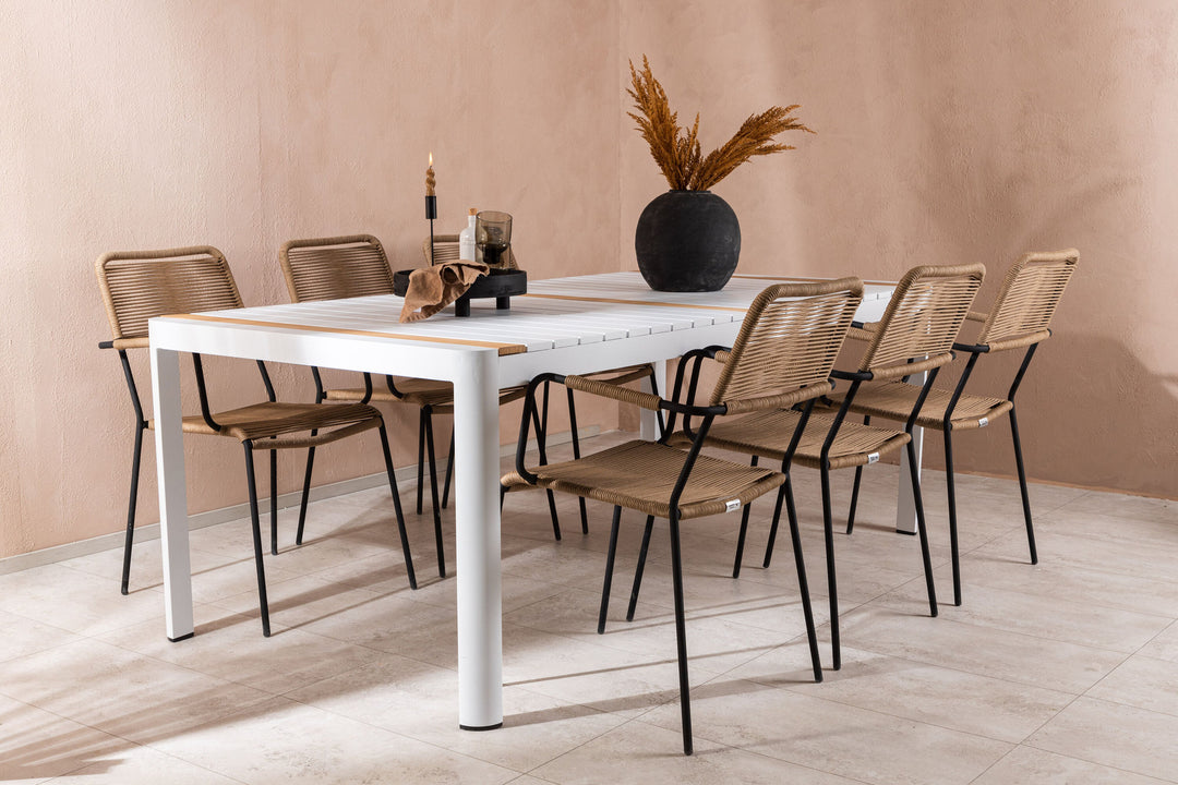 Venture Home Togo - Dining Table- White / Teak - Allu / Teak - 200*100 _1+ Lindos - Armchair - Black Alu / Latte Rope _6