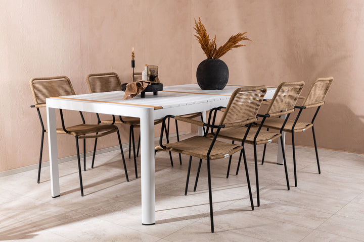 Venture Home Togo - Dining Table- White / Teak - Allu / Teak - 200*100 _1+ Lindos - Armchair - Black Alu / Latte Rope _6