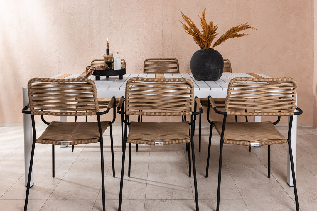 Venture Home Togo - Dining Table- White / Teak - Allu / Teak - 200*100 _1+ Lindos - Armchair - Black Alu / Latte Rope _6