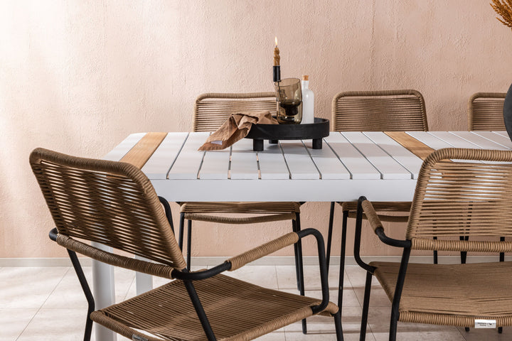 Venture Home Togo - Dining Table- White / Teak - Allu / Teak - 200*100 _1+ Lindos - Armchair - Black Alu / Latte Rope _6