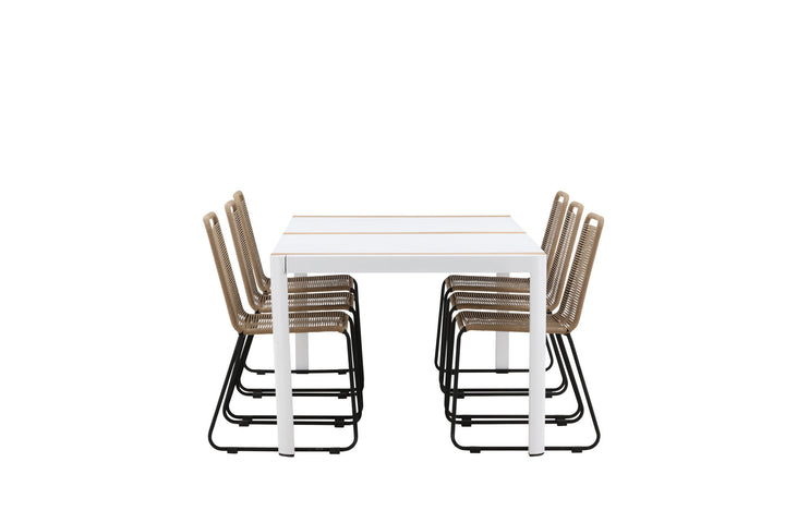Venture Home Togo - Dining Table- White / Teak - Allu / Teak - 200*100 _1+ Lindos Stacking Chair - Black Alu / Latte Rope _6