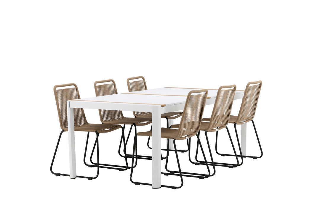 Venture Home Togo - Dining Table- White / Teak - Allu / Teak - 200*100 _1+ Lindos Stacking Chair - Black Alu / Latte Rope _6