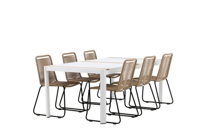 Venture Home Togo - Dining Table- White / Teak - Allu / Teak - 200*100 _1+ Lindos Stacking Chair - Black Alu / Latte Rope _6