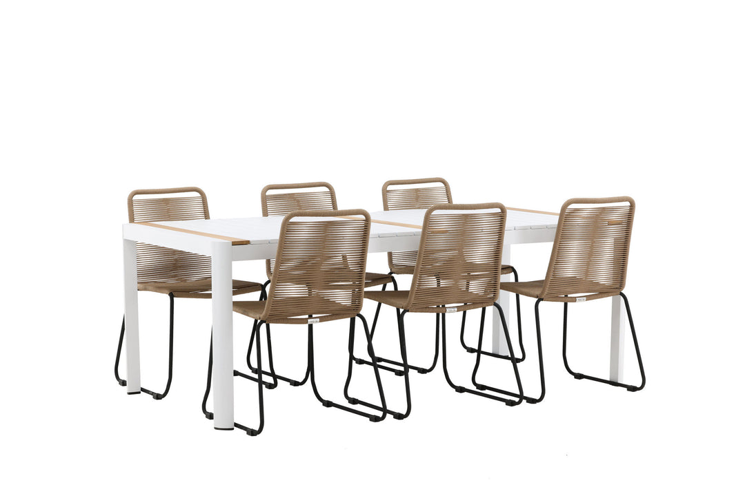 Venture Home Togo - Dining Table- White / Teak - Allu / Teak - 200*100 _1+ Lindos Stacking Chair - Black Alu / Latte Rope _6