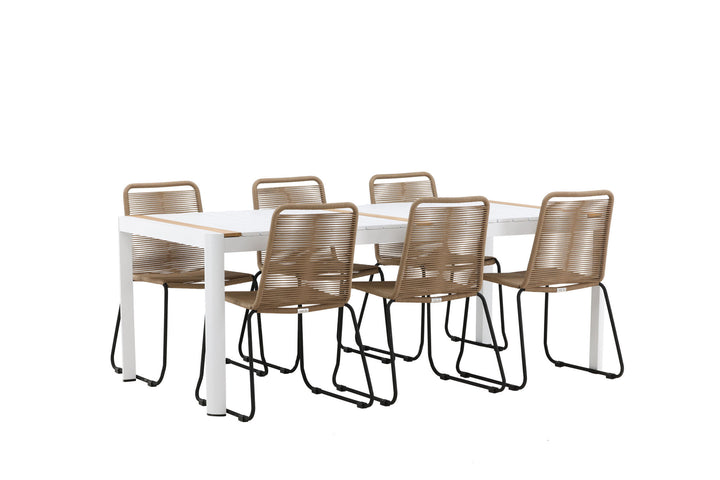 Venture Home Togo - Dining Table- White / Teak - Allu / Teak - 200*100 _1+ Lindos Stacking Chair - Black Alu / Latte Rope _6