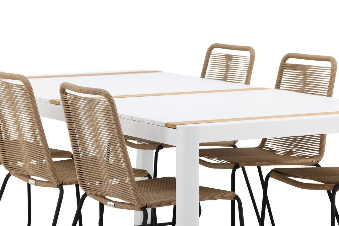 Venture Home Togo - Dining Table- White / Teak - Allu / Teak - 200*100 _1+ Lindos Stacking Chair - Black Alu / Latte Rope _6
