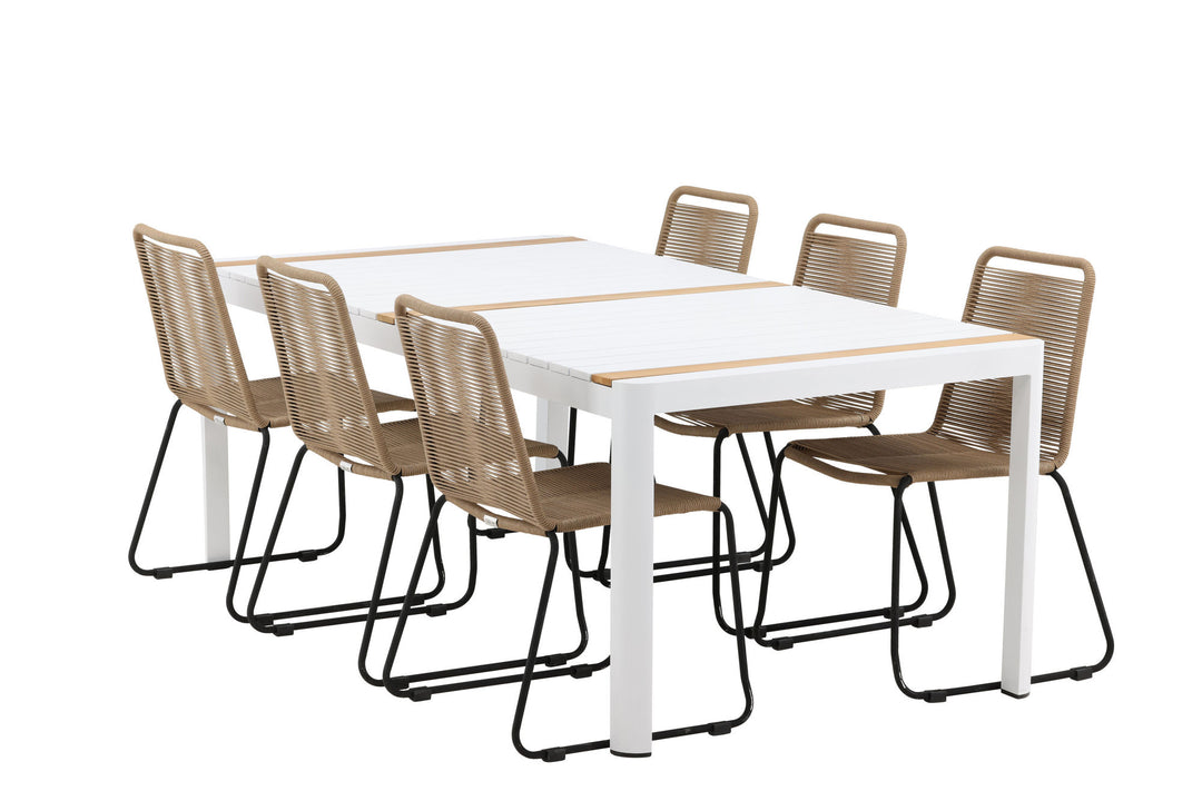 Venture Home Togo - Dining Table- White / Teak - Allu / Teak - 200*100 _1+ Lindos Stacking Chair - Black Alu / Latte Rope _6