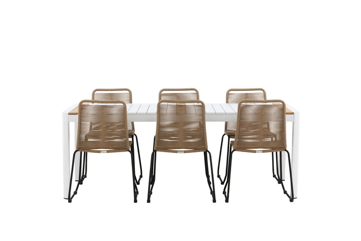 Venture Home Togo - Dining Table- White / Teak - Allu / Teak - 200*100 _1+ Lindos Stacking Chair - Black Alu / Latte Rope _6