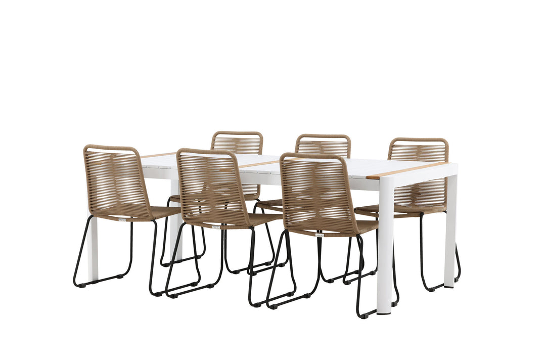 Venture Home Togo - Dining Table- White / Teak - Allu / Teak - 200*100 _1+ Lindos Stacking Chair - Black Alu / Latte Rope _6