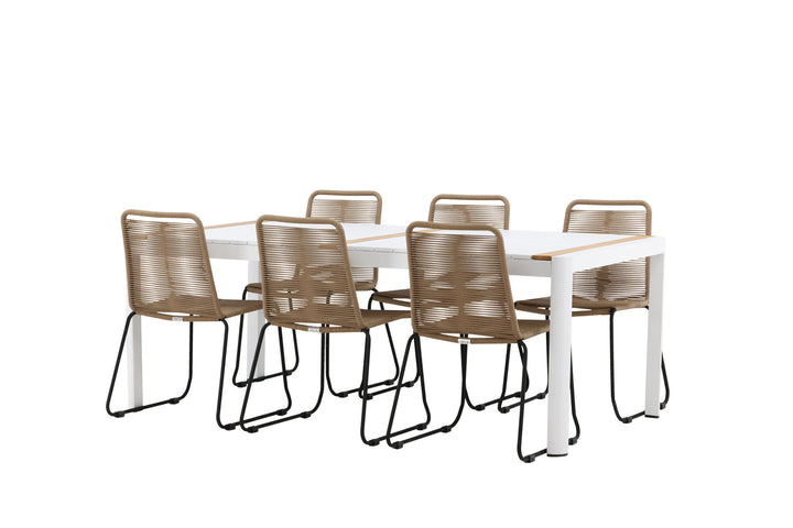 Venture Home Togo - Dining Table- White / Teak - Allu / Teak - 200*100 _1+ Lindos Stacking Chair - Black Alu / Latte Rope _6