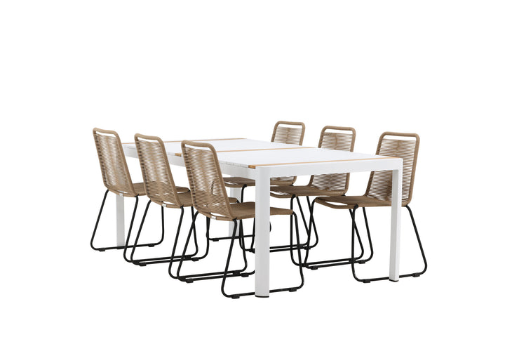 Venture Home Togo - Dining Table- White / Teak - Allu / Teak - 200*100 _1+ Lindos Stacking Chair - Black Alu / Latte Rope _6