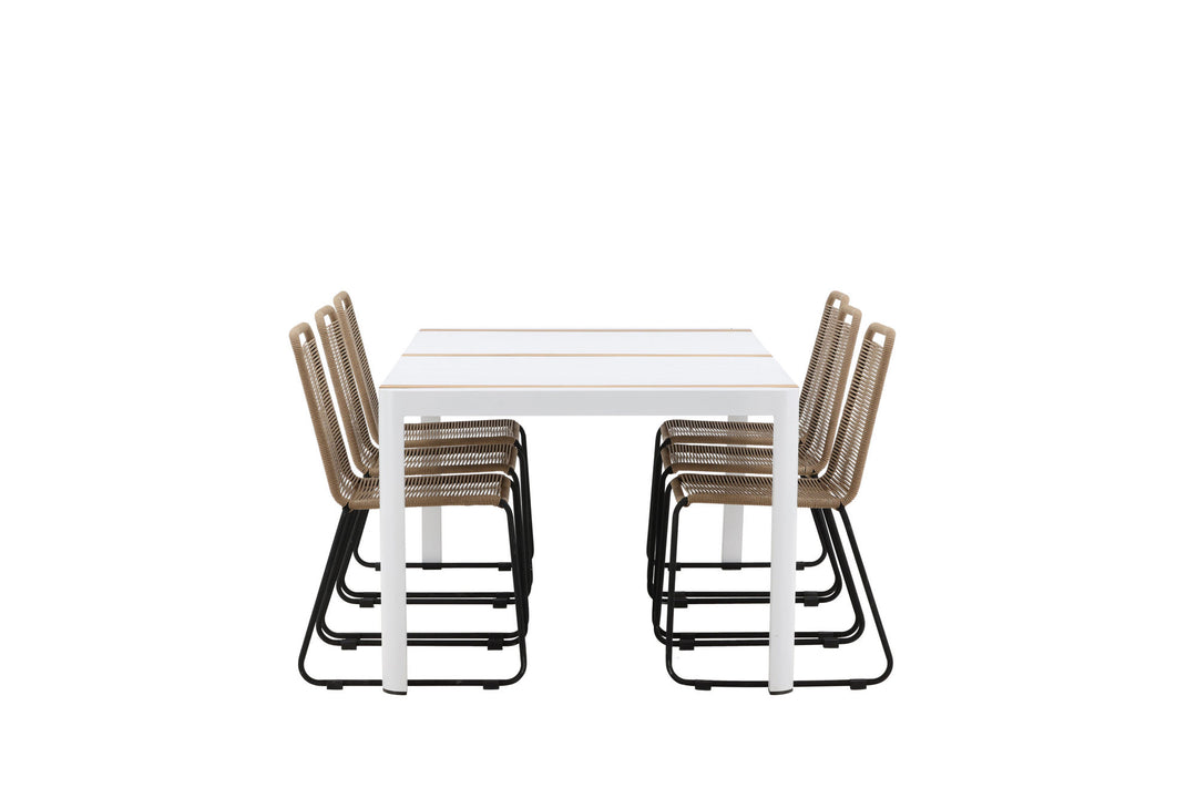 Venture Home Togo - Dining Table- White / Teak - Allu / Teak - 200*100 _1+ Lindos Stacking Chair - Black Alu / Latte Rope _6