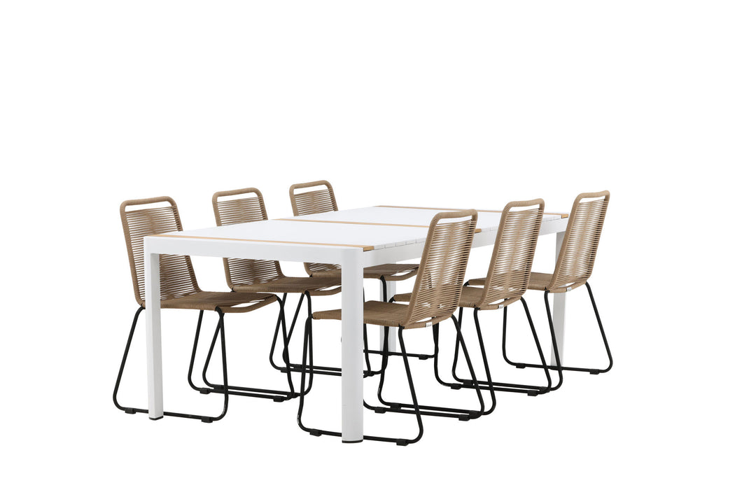 Venture Home Togo - Dining Table- White / Teak - Allu / Teak - 200*100 _1+ Lindos Stacking Chair - Black Alu / Latte Rope _6