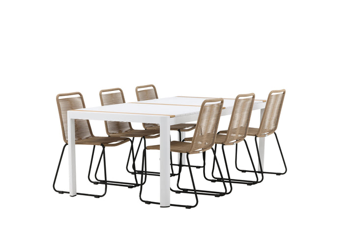 Venture Home Togo - Dining Table- White / Teak - Allu / Teak - 200*100 _1+ Lindos Stacking Chair - Black Alu / Latte Rope _6